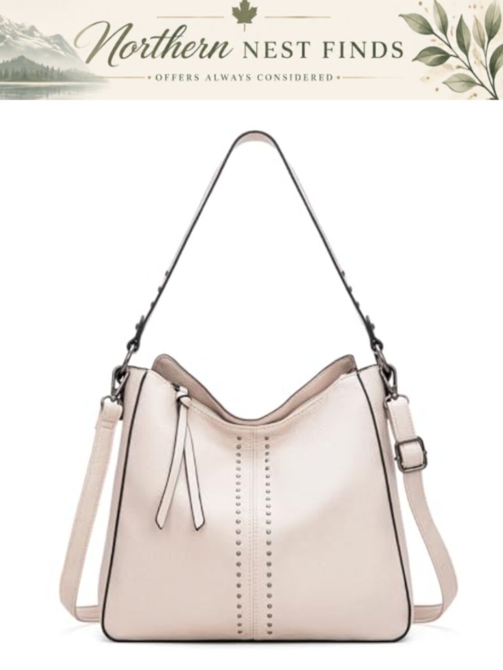 PU leather Hobo bag with stud accents, 11x5x10, crossbody strap